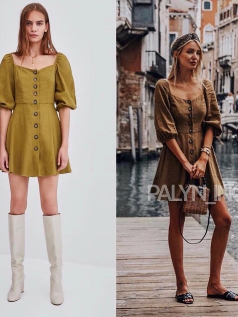 Zara Square neckline Olive Green Button-Front Mini Dress with Puff Sleeves
